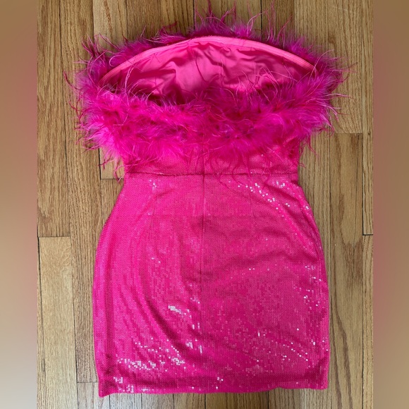 Tori Sequin Bandeau Feather-Trim Mini Dress - Picture 3 of 4